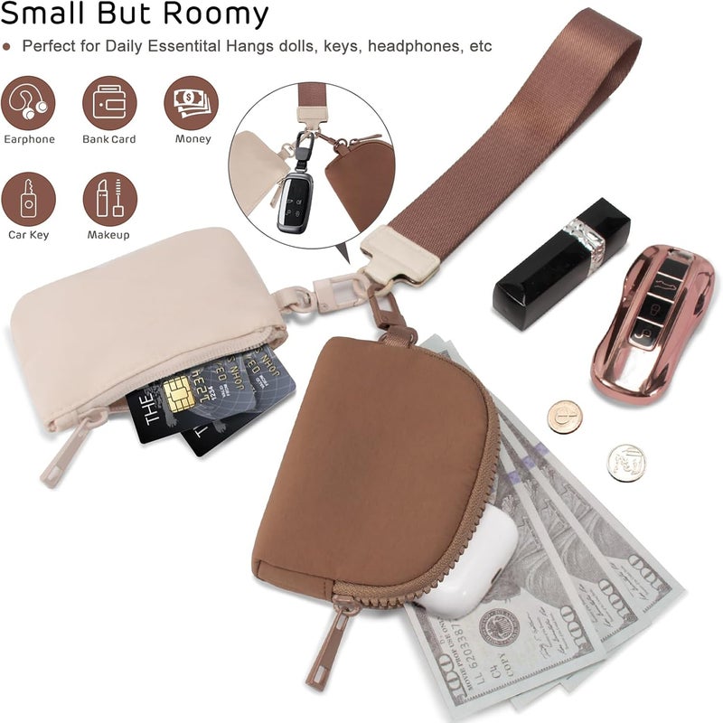 Viverte Mini Zip Around Keychain Wristlet Wallets Small Portable Dual Pounch Wristlet Detachable Coin Purse Pocket Gifts for Women Travel Sports Outdoors (Beige+Brown) - Image 4